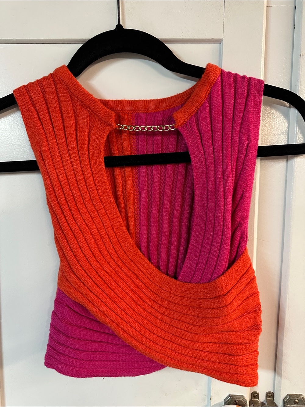 SHEIN Pink & Orange Colorblock Asymmetrical Ribbed Knit Top